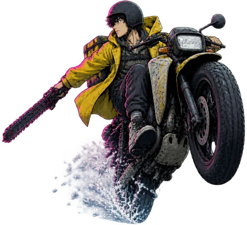 Kai Mercado mengangkat roda depan motornya di tengah banjir, jas hujan kuning berkibar, rantai-bilah terayun di tangan kanan.