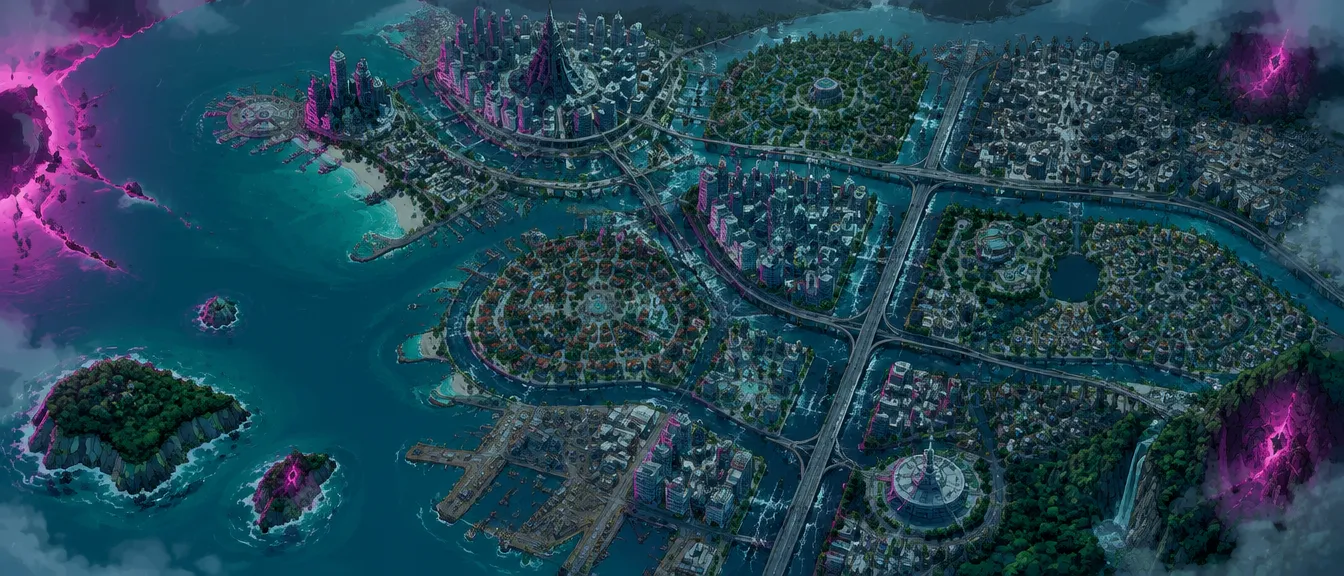 Varuna Bay dari atas: teluk di kiri, kanal dan jalan layang membelah dua belas distrik.