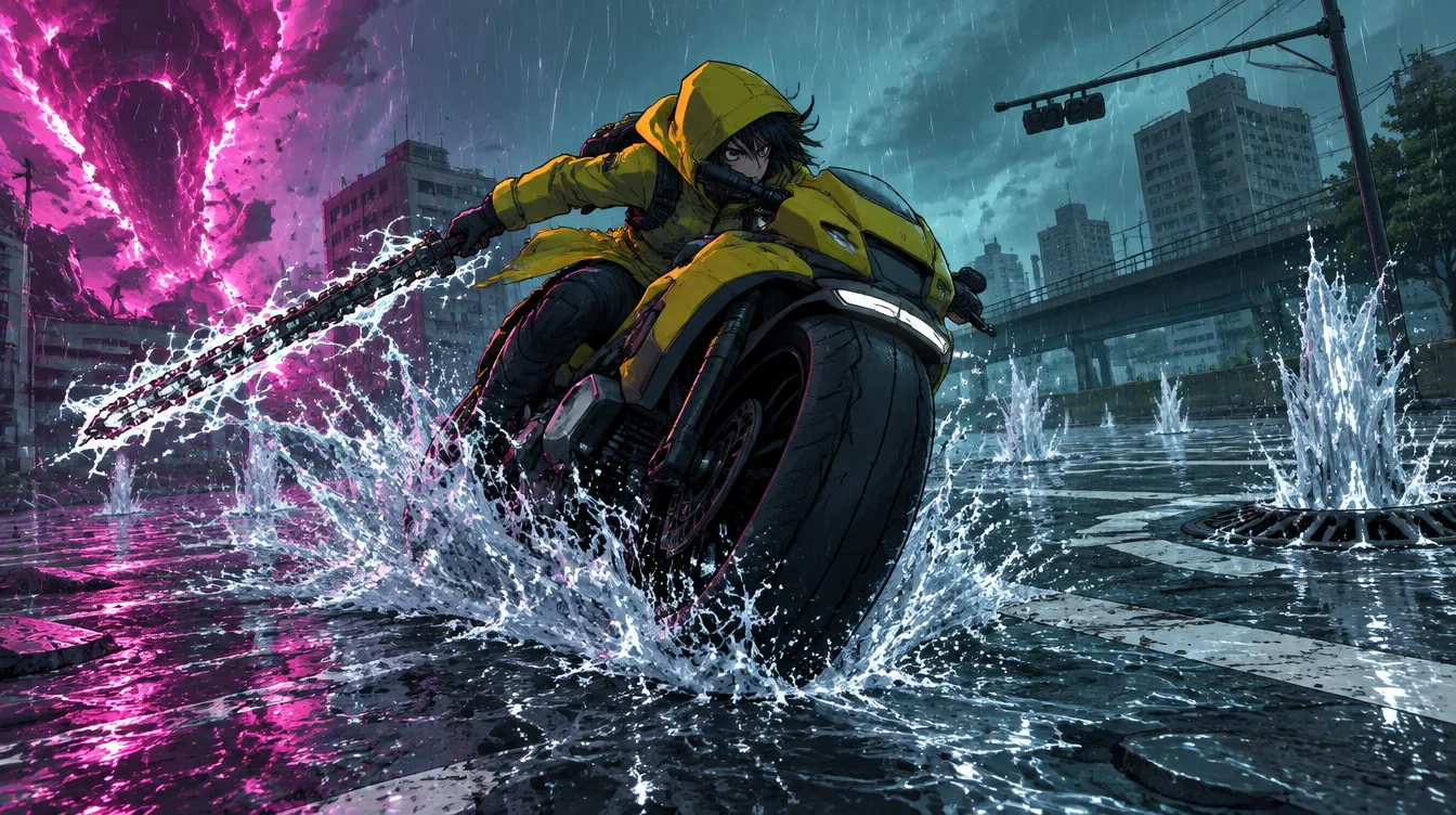 Rider menggeber motor menyamping di persimpangan banjir saat hujan deras, rantai-bilahnya berderak air putih.